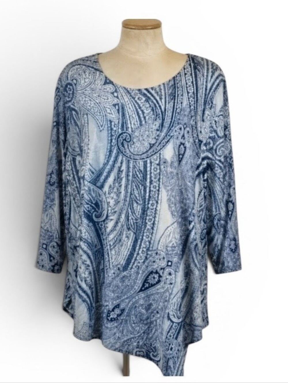 Chico's Blue and White Paisley Scoop Neck Asymmetrical Tunic Chico's 4/XXL
